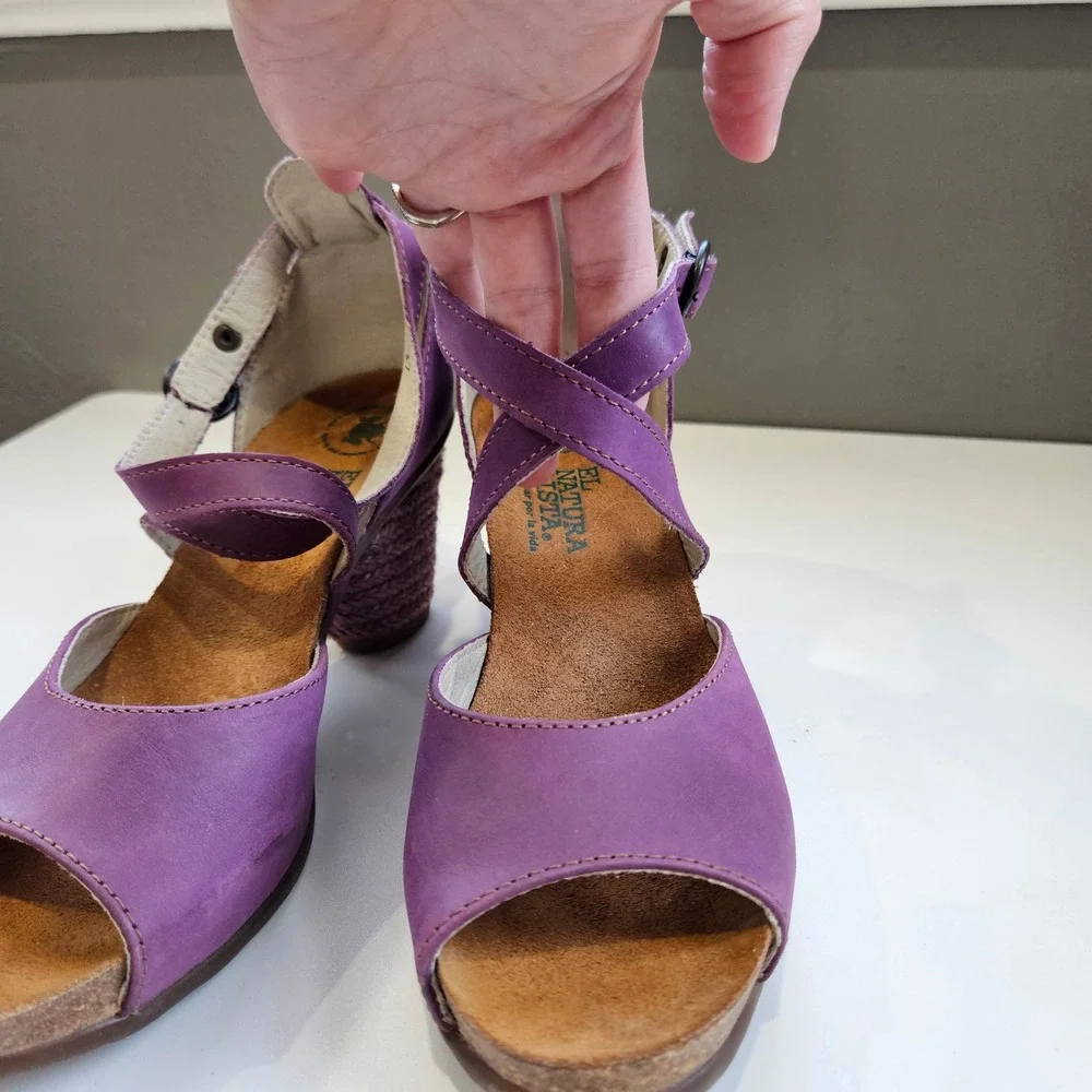 El Naturalista Sandals Heel Purple Leather Mary Jane Peep Toe 37 Wedding Guest
